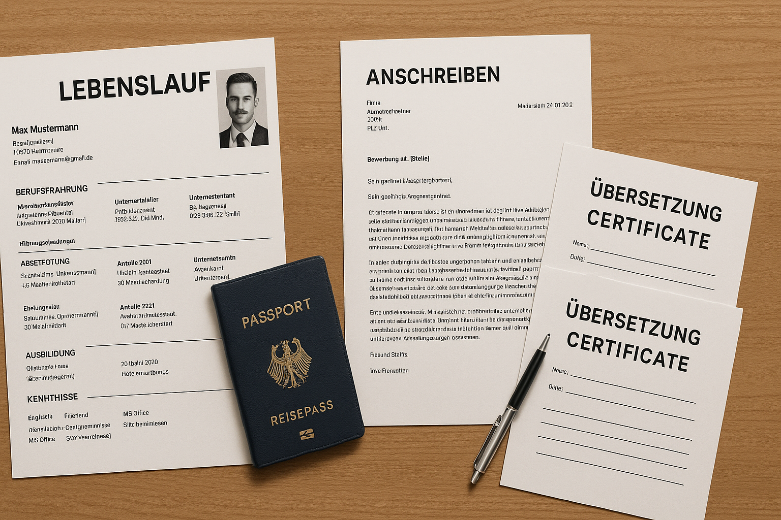 application documents وثائق تقديم على الأوسبيلدونغ مرتبة على مكتب